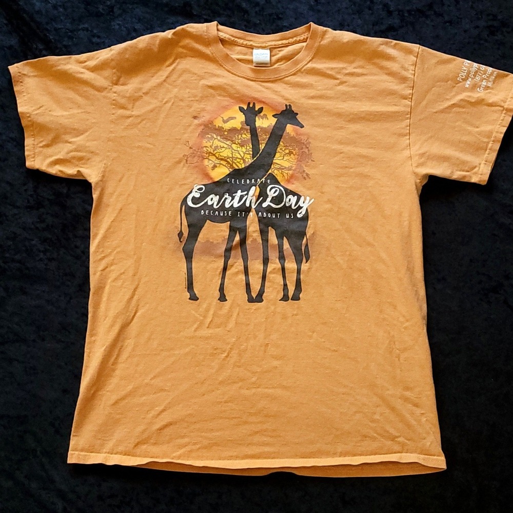 Earth Day Giraffe Graphic T-Shirt Mens Large Orange Sunset Cotton Tee Gildan vtg